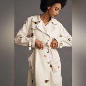 Anthropologie Maeve Bee Embroidered Trench Coat XXS Honey Bee Bumble Jacket NWT